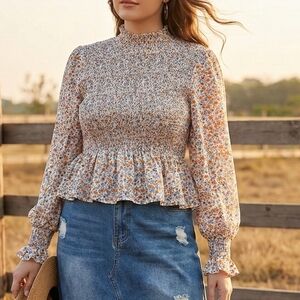 Sucolan XL Smocked Floral Peplum Top Mock Neck Long Sleeve Boho Cottagecore Blou